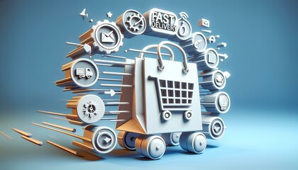 Obraz premium 3D, A shopping bag is transformed into a delivery truck, surrounded by icons depicting speed, delivery, payment, and security. The words 