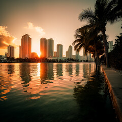 Obraz premium A city skyline with a large body of water in the background.
