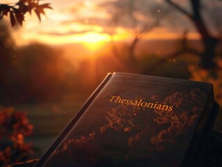 An open Bible revealing 1 Thessalonians scripture, uplifting spiritual background image.