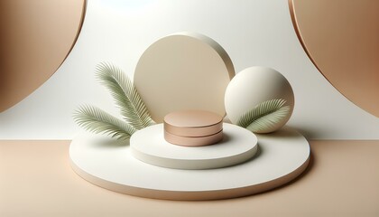Fototapeta premium minimalist product display with a white circular platform surrounded by a white sphere and palm leaves. The platform sits on a beige background with a subtle lighting effect. 