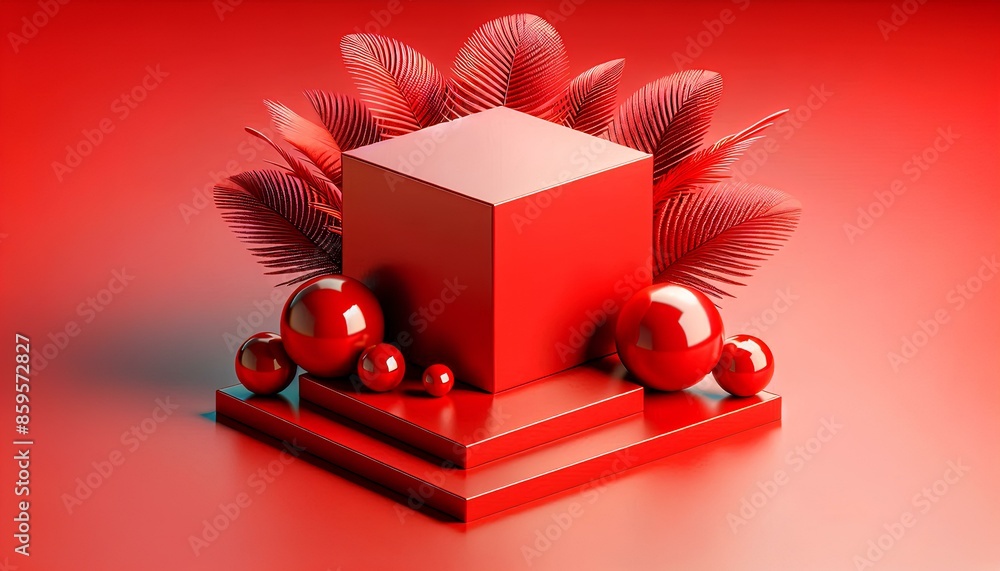 Poster red cubic platform with a red square base and various red spherical objects. the platform is surroun