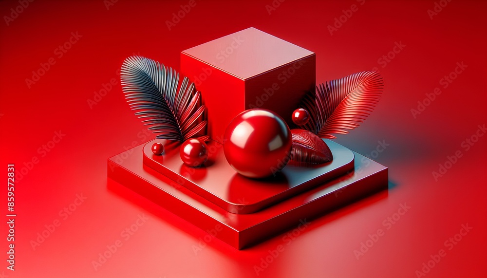 Poster red cubic platform with a red square base and various red spherical objects. the platform is surroun