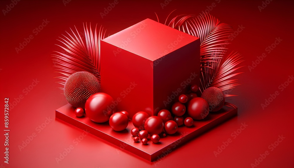 Poster red cubic platform with a red square base and various red spherical objects. the platform is surroun