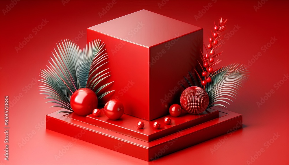 Poster red cubic platform with a red square base and various red spherical objects. the platform is surroun