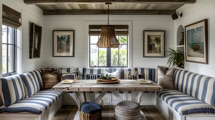 Coastal style dining room with a rustic wooden table, blue striped bench cushions, and nautical decor accents for a serene beach house interior design. 