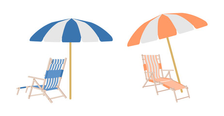 beach chair and umbrella vector set, steamer chair front view and side view. vector illustration isolated on white background. © Zhee-Graphic