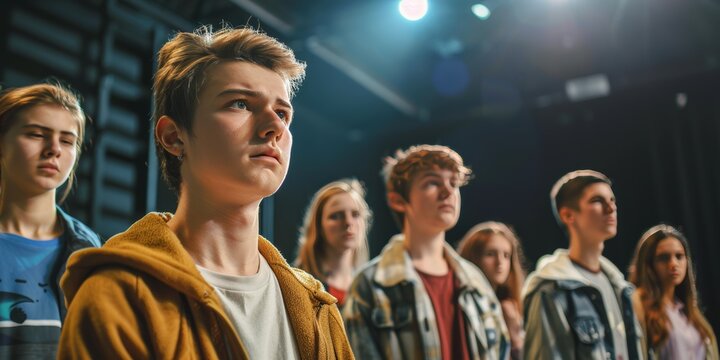 Theater Rehearsal of College Students Acting in Drama Performance Displaying Emotions