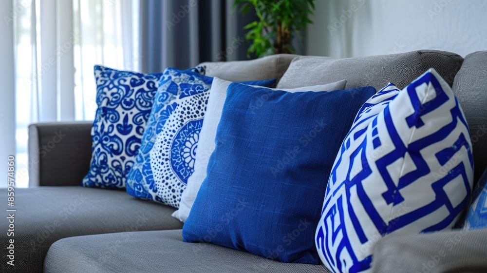 Wall mural Pillows in blue and white on a gray sofa interior decoration - Wall murals