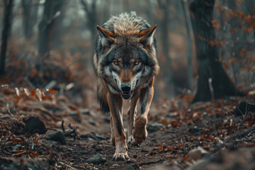 A full body shot of an angry wolf walking towards the camera in a forest, with an angry expression on his face and mouth open showing teeth