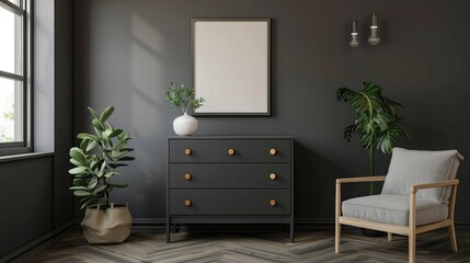Gray living room interior with dresser and square poster hyper realistic 