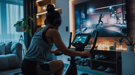 Fototapeta premium Woman uses smart fitness mirror for guided workout