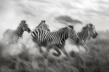 Fototapeta premium A group of zebras runs across the savannah, dust rising from their hooves