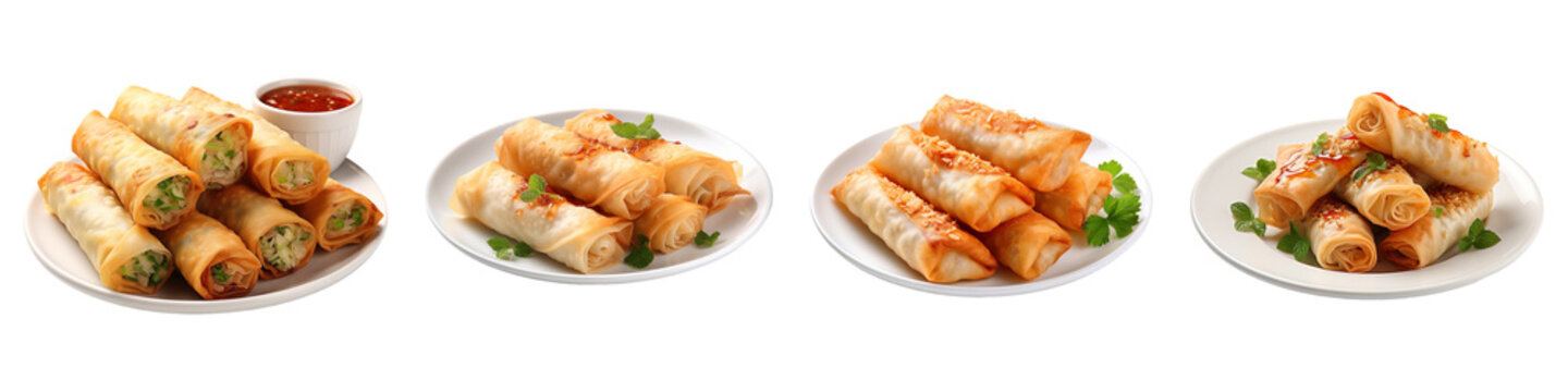 Collection of egg rolls in white plate isolated on transparent background