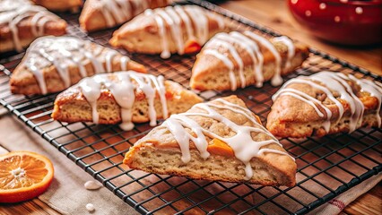 Freshly baked pastries with icing cooling on a wire rack.