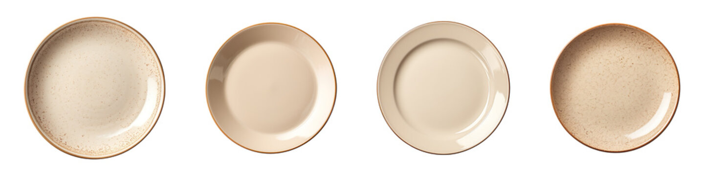 Collection of empty beige stoneware dinner plates isolated on transparent background