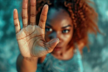 A woman holds her hand up in the air, with a sense of triumph and joy