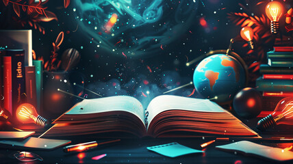 Obraz premium Magical book with glowing earth and educational icons in a library. Ideal for learning and global knowledge.