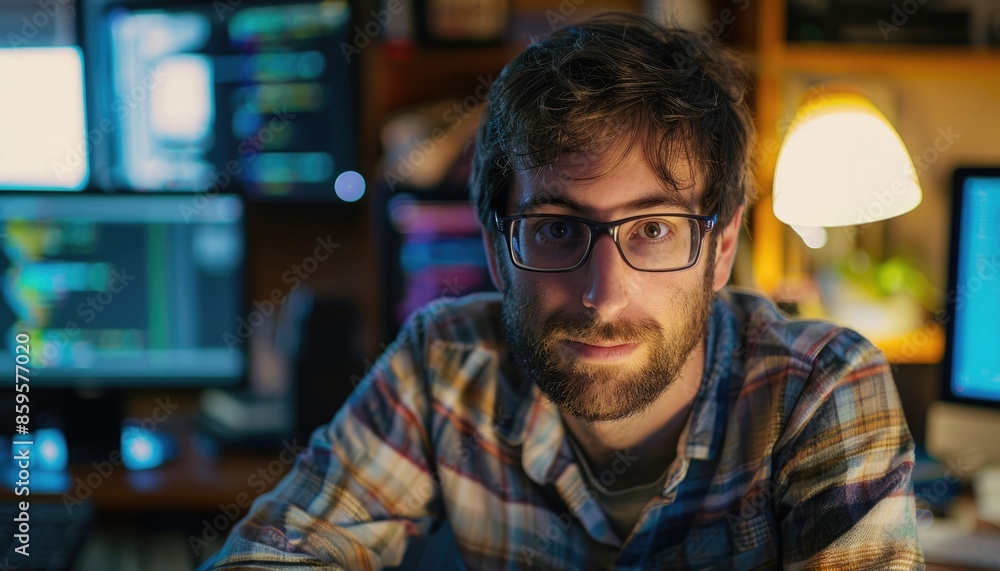 Poster young professional coding on multiple monitors in modern, illuminated workspace. intense and concent