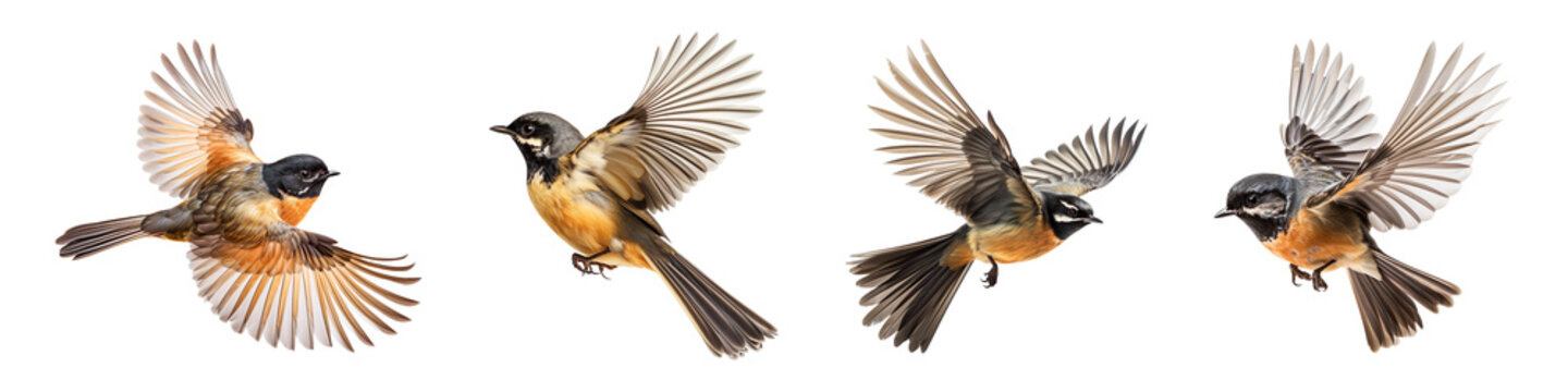 Collection of fantail Birds in flight isolated on transparent background