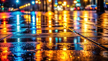 Obraz premium Wet city street illuminated by colorful reflections of lights.