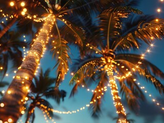 A palm tree decorated with Christmas lights and ornaments