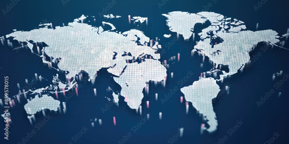 Poster digital world map with glowing cyber data points on dark blue background. global connectivity and in