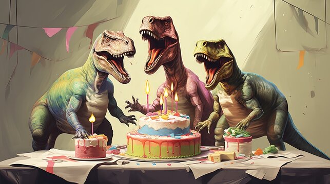 Children enjoying a dinosaur-themed birthday party with life-like dinosaur models eating a birthday cake in a fun and festive atmosphere


