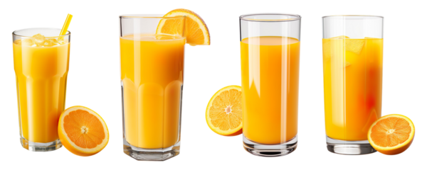 Collection of full glass of orange juice isolated on transparent background