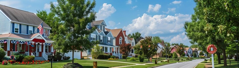 Suburban street with houses and blue sky.