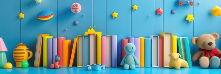 A bright and inviting scene featuring colorful childrens books, toys, and decorations, perfect for educational centers and bookstores. Generative AI