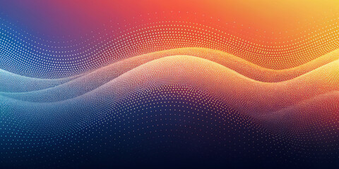 Vibrant hues shift from cool blues to warm reds and oranges, creating an energetic backdrop.Dot patterns create rippling waves that give the impression of a digital landscape or sound visualization.AI