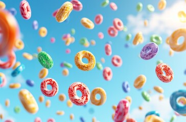 Bright and colorful cereal in mid-air. Sweet and sugary loops perfect for breakfast or a fun snack. Tasty and crunchy treat with a multicolored appeal.