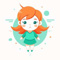 An adorable illustration of a chibi girl with orange hair and ponytails floating with her eyes opened.
