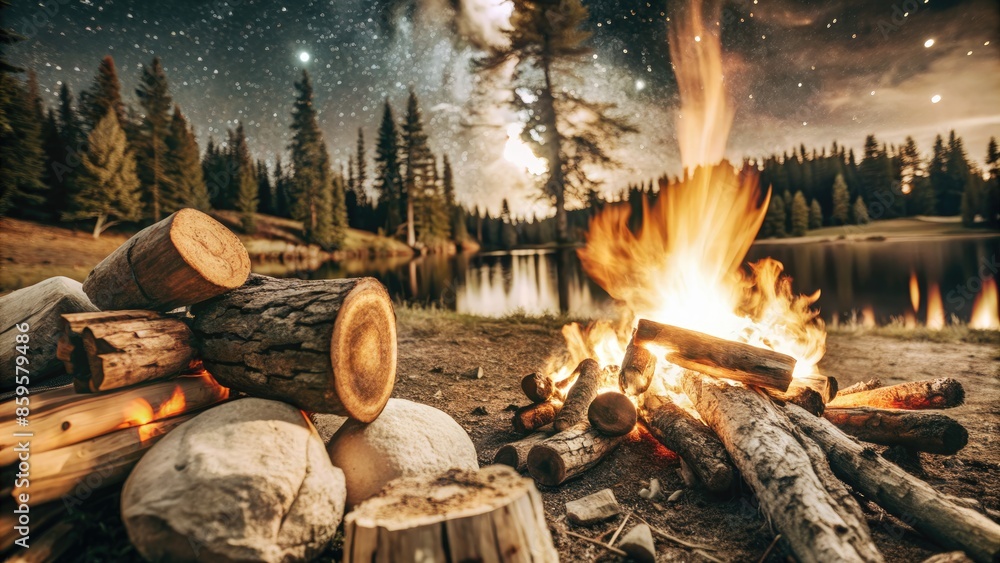 Sticker Cozy campfire by a lake with logs and pine trees.