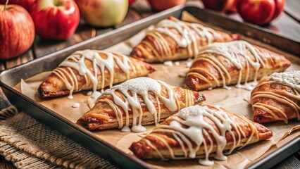 Tray of freshly baked croissants with icing.