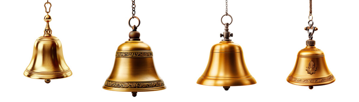 Collection of golden bells isolated on transparent background