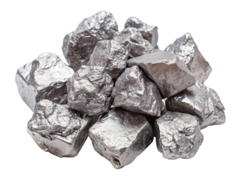 A pile of shiny aluminum ore rocks showcasing their natural, reflective surfaces and solid textures. Ideal for geological study and mineral collection. Isolated on transparent background, png.