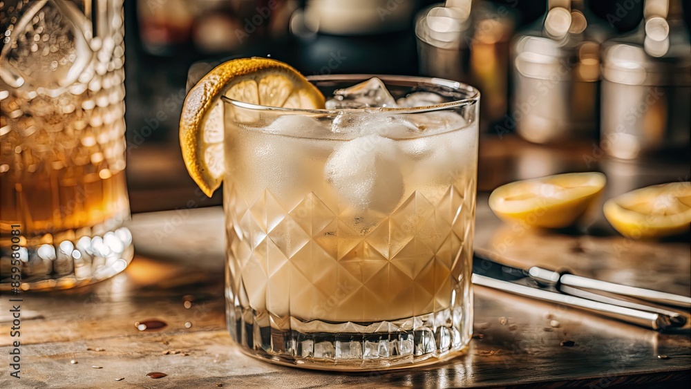 Canvas Prints refreshing iced tea with a slice of lemon in a glass on a wooden table.