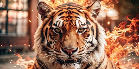 Fototapeta premium Fierce tiger with a fiery background in an intense close-up.