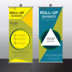 Professional roll-up banner designs with modern geometric elements, perfect for business promotions and marketing events.