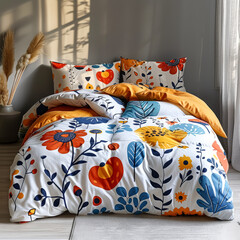 A bed with a floral print comforter and pillows