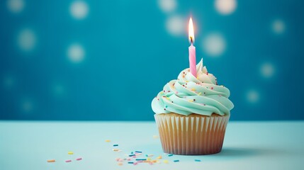 Delicious birthday cupcake with candle on vibrant color background