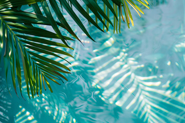 Tropical Leaf Shadows on Colorful Water Surface green and blue