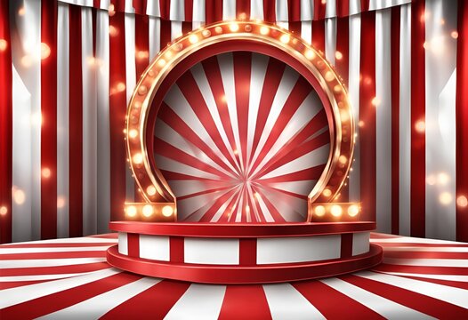 Explore a vibrant circus stage podium with 3D carnival lights, red show curtains, vintage sign, spotlight, ringmaster, and cartoon party atmosphere for cinema and events.