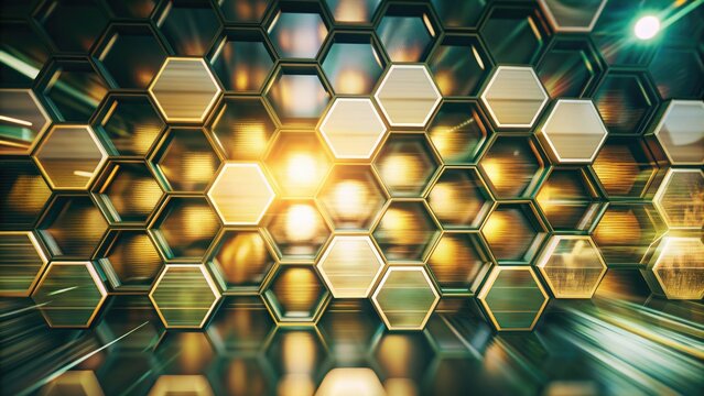 Futuristic honeycomb structure with glowing lights.