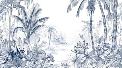 Landscape photograph in black and white. Jungle or forest nature background and mural wallpaper. High quality AI generated image