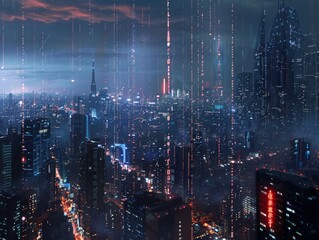 City NightscapeDigital Data Streams and Futuristic Technology Concept.
