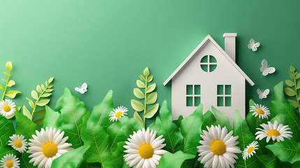 A stylized white house crafted from paper, surrounded by a variety of green paper foliage and white daisies. Set against a vibrant green background. Copy space.