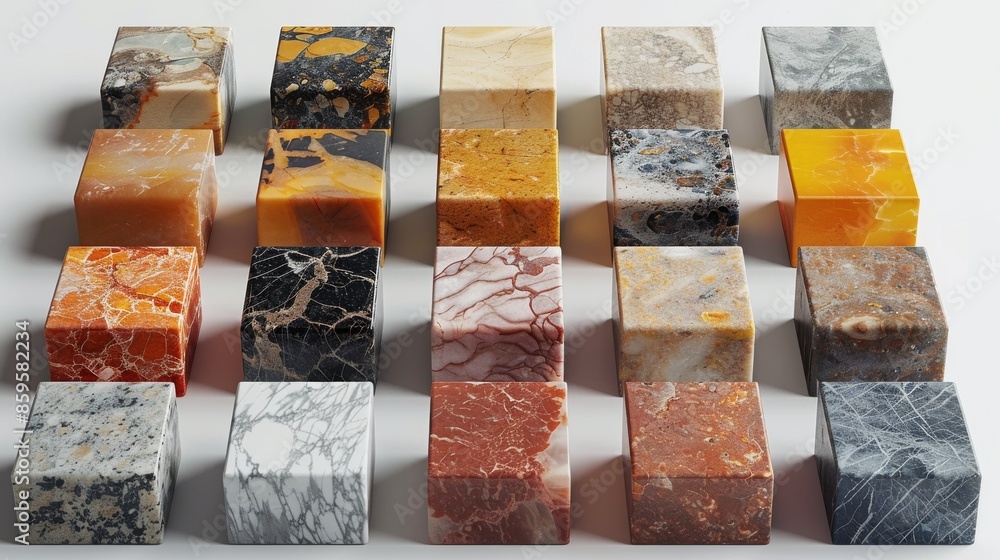 Aufkleber the image features several polished marble cubes, each with different colors and vein patterns, arra