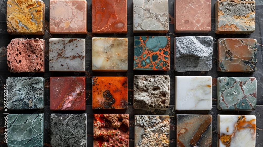 Aufkleber this image shows a collection of assorted natural stone marble tile slabs arranged in a rectangular 